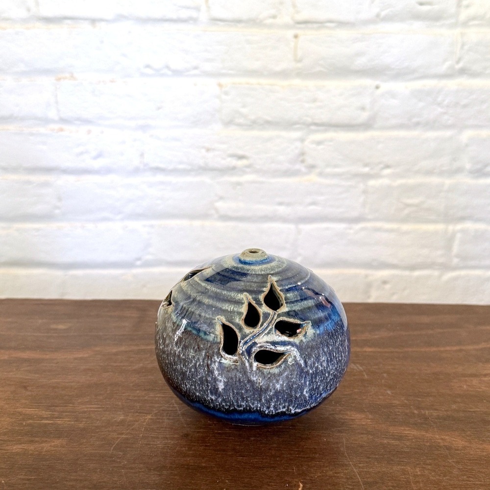 Bill Colby Pottery Blue Glazed Ceramic Potpourri Diffuser Leaf Cutouts Artisan